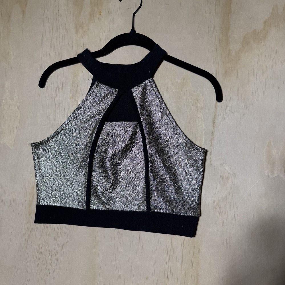A'GACI Metallic Gold Black Halter Crop Top Women's Large Party Club Y2K USA
